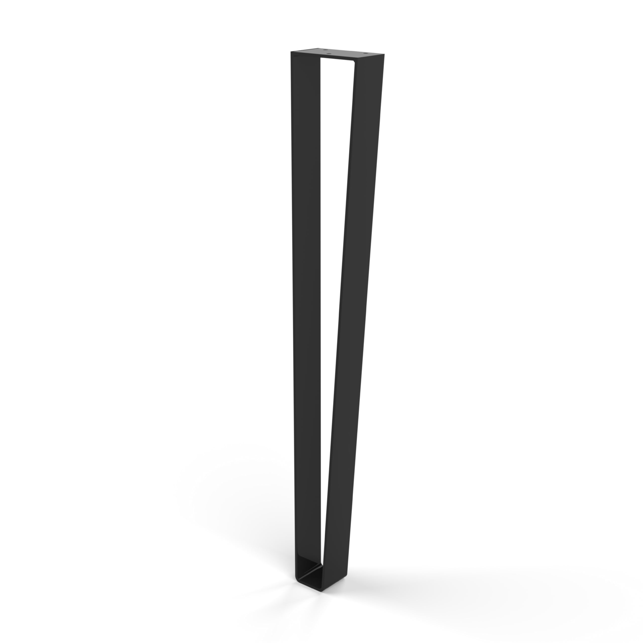 CIME-​Pied de meuble en métal plat. Pour table haute. Platine 3 trous . Acier, coloris noir. Dimensions : L.100mm. H.710mm. P.50mm. Ep.4mm. Pied de table décoratif.