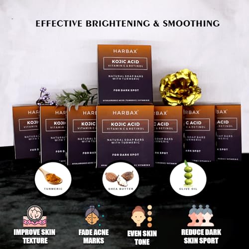 Image of Kojic Acid Soap (Pack of 8 (100 Grm)) for Hyperpigmentation - with Glutathione, Collagen & Vitamin C - Natural Soap Bars with Turmeric - Original Japanese Complex for Dark Spot Correction
