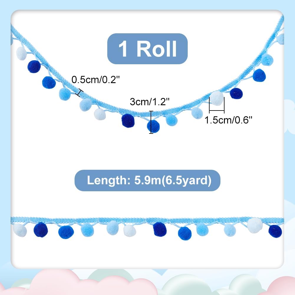 PH PandaHall 6.5 Yards 5mm Large Pom Poms Balls Fringe Trim, Blue Trim Fringe Sewing Ribbon Crafts Pompoms Tassel Lace for Sewing Pillow Clothing DIY Crafts Party Home Christmas Tree Decor, 15mm Balls