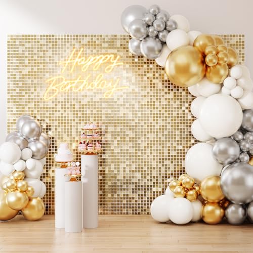 Image of Shimmer Wall Backdrop Champagne Gold 7FTx7FT Square Sequin Wall Panel Backdrop Decor for Wedding Anniversary Birthday Party, 49 Panels