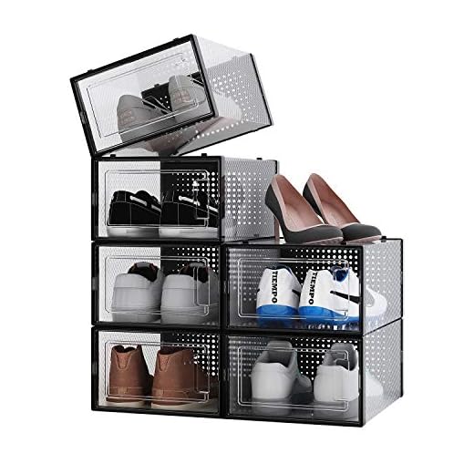 ALEMOK Cajas de Zapatos Transparentes, Organizador de Zapatos Apilable, Paquete de 6 Cajas de Almacenamiento de Plástico y Plegables