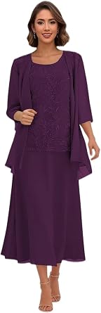 3 Pcs Mother of The Bride Dresses for Women Lace Sequins Formal Wedding Guest Dress with Sleeves
