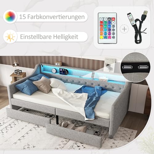 Aoskem Polsterbett Tagesbett Einzelbett 90x200 mit 2 Stauraum Schubladen, Kinderbett LED-Sofabett mit USB-Ladebuchse, Bettgestell mit Lattenrost, Jugendbett Schlafsofa, Ohne Matratze, Leinen (Grau)