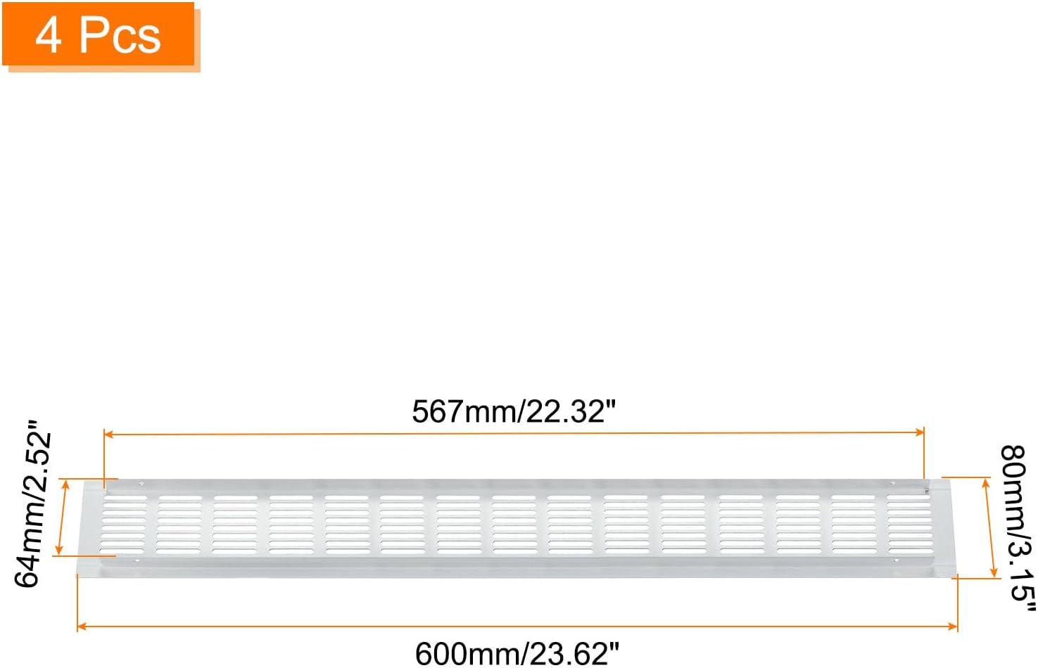 uxcell air vents cover, 4pcs 600 x 80mm - aluminum alloy mesh air return vent cover, rectangle louvered ventilation grille for shoe cabinet wardrobe (silver) 600 x 80mm silver