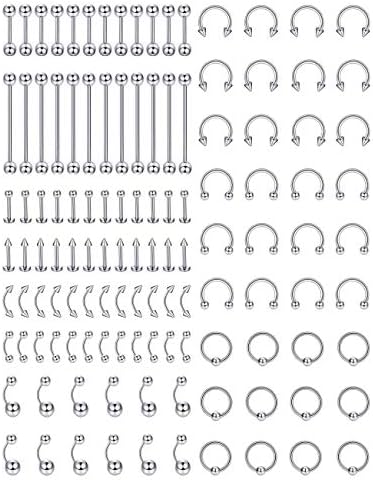 Jstyle 120Pcs Body Jewelry Piercing Lot Stainless Steel Nose Horseshoe Lip Tongue Eyebrow Tragus Body Piercing Navel Belly Ring Barbells 14G-16G