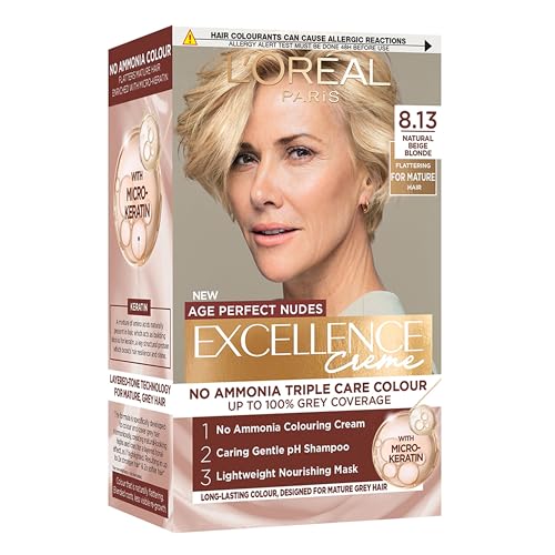 LOreal Paris Excellence Age Perfect Nudes Permanent Hair Colour for Mature Hair No Ammonia Triple Care Routine with Micro-Keratin 100% Grey Coverage 8.13 Natural Beige Blonde