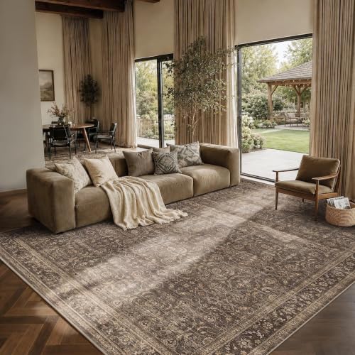 JOOJA 9x12 Dark Brown Vintage Soft Low Pile Washable Boho Large Area Rug