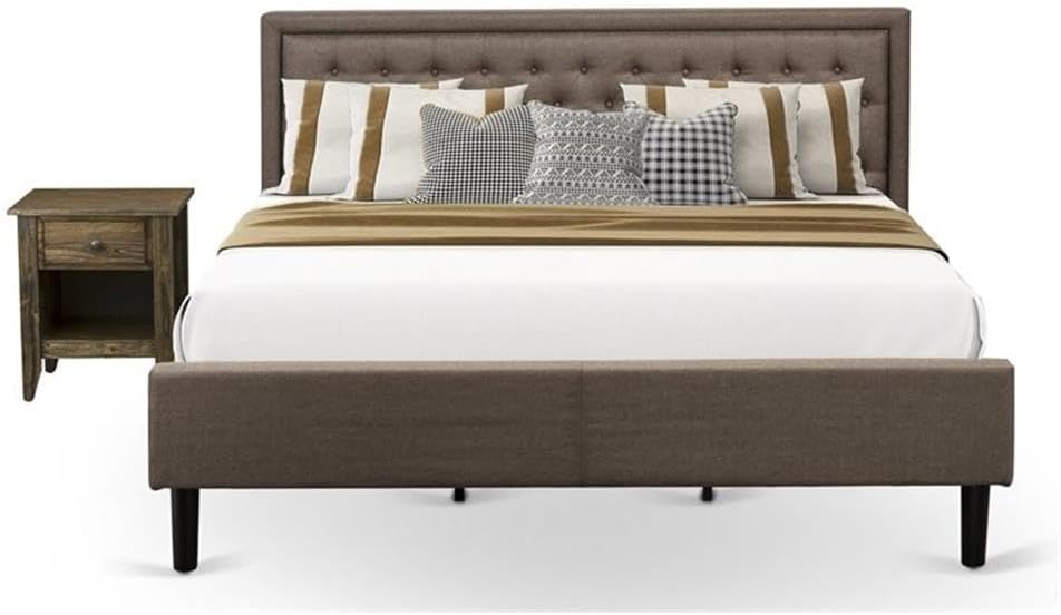 East West Furniture KD18K-1VL07 2 Piece Wood Bedroom Set - 1 Bed Frame Brown Linen Fabric Padded and Button Tufted Headboard with 1 Nightstand - Distressed Jacobean Finish Nightstand