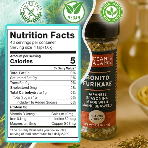 Ocean’s Balance Bonito Furikake Seasoning – Seaweed Seasoning with Bonito Flakes & Maine Coast Seaweed – Healthy Seaweed Salt Blend for Sushi, Tofu, Rice & More – 71g