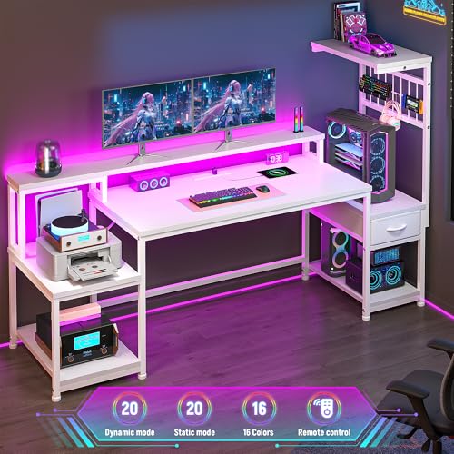 Image of DurayLoly 63 inch Computer Desk with LED Lights & Outlets,Office Desk with Drawers & Monitor Stand,Gaming Desk with 3 Storage Shelves, Hooks& Printer Space for Game&Study Room,Home Office,Bedroom,White