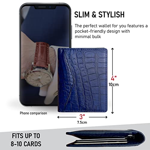 Navy Blue Alligator Credit Card Holder Minimalist Bifold Wallet Crocodile Double Side Exotic Leather Slim Executive Business Luxury RFID Blocking Travel ID Case Front Pocket Gift For Men3