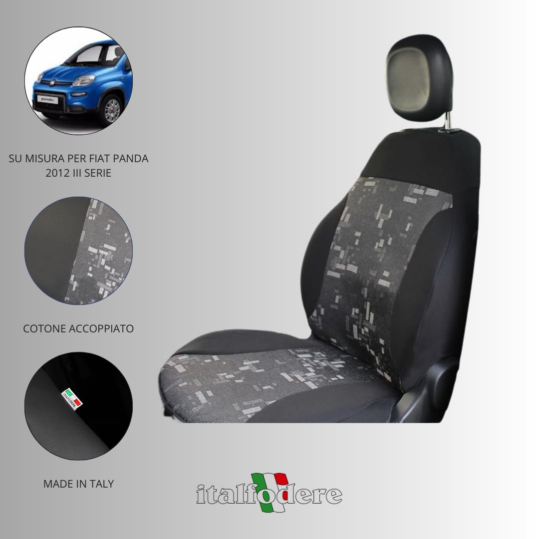 Italfodere - Coprisedili in Tessuto Compatibili con Fiat Panda 3ª Serie 2012> - Anteriori e Posteriori - Facili da Installare - Resistenti e Lavabili - Accessori Auto Interni - Made in Italy - Grigio
