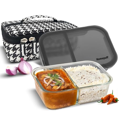 Image of Home Puff Borosilicate Glass Lunch Box 965ml with 2 Compartments & Lunch Bag | Airtight BPA-Free Leak-Proof Lid| Microwave, Freezer & Dishwasher Safe Glass Bento Tiffin Box for Office, College, School