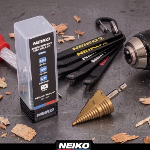 Image of NEIKO 10628A Step Drill Bit, 2 Steps 7 /8 inch to 1-1 /8 inch Straight High Speed Steel, Titanium Nitride Coated, 1 /4 inch Quick Change Step Bits for Steel, Metal, Wood, Plastic, Unibit Cone Drill Bits, Two Flute