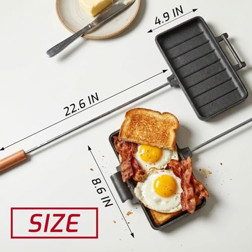 Image of Campfire Pie Iron 4.9 inch & 8.6 inch Large Cast Iron Sandwich Maker for Camping 2 Pcs with Storage Bag - 22.6 inch Thickened Handles - Campfire Cooking Equipment for Grilling & Outdoor Cooking