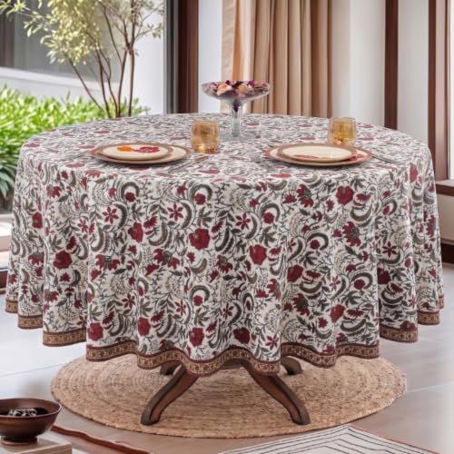 Ridhi Hand Block Print Round Tablecloth Pickle Green 60 Inch 100% Cotton