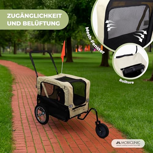 Mobiclinic®, Hundeanhänger für Fahrrad + Hundewagen, 2 in 1, Bis 40 kg, wasserdichte Abdeckung, 123x67x100 cm, Reflektoren & Fahne, 600D Oxford, Für Kleine und Mittelgroße Hunde