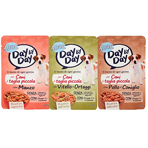 ADoC MIX Day by Day Dog Cane TAGLIA PICCOLA Manzo Pollo Coniglio Vitello e Ortaggi - 24 Buste da 100gr