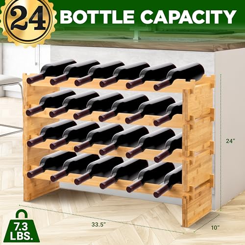 image for NutriChef 4 - Tier 24 Bottle Bamboo Stackable Wine Rack - Wobble-Free 