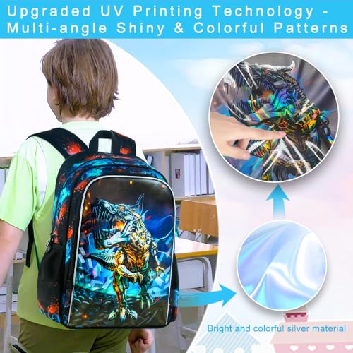 Image of 3PCS Dinosaur Backpack for Boys, 16 Inch Kids Water Resistant Preschool Elementary Kindergarten Bookbags and Lunch Box | Kids