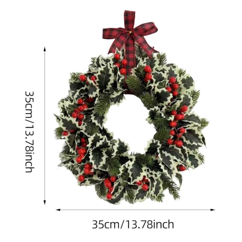 13.78in Christmas Wreath with Berries Plaid Bow for Front Door Wall - image 2