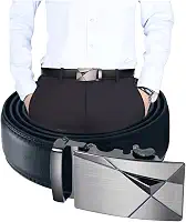 Cinto Social Masculino em Couro com Fivela Automática Geométrica, Design Moderno, Preto