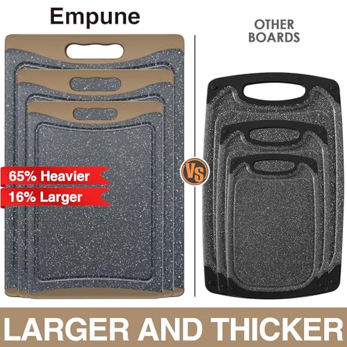 Image of Extra Large Cutting Boards, Plastic Cutting Boards for Kitchen (Set of 3) Cutting Board Set Dishwasher Chopping Board with Juice Grooves Easy-Grip Handles, Brown, Empune