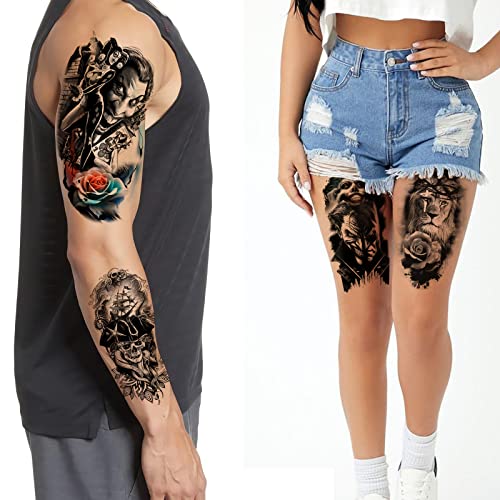 12 Sheet, Large Temporary Tattoo For Adult Men And Women Fake Tattoos Kids Boys Sleeve, Cool Black Lion Cat Wolf Clock Pirate, Fantasy Themed Design Style, #TOP3