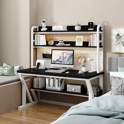 NOBBAT パソコンデスク 机 pcデスク 作業机 収納付きデスク 4段 勉強机 学習机 コンパクト 天板の厚さ3cm DIY収納用の有孔ボード付き 耐荷重300kg 複数の色が利用可能 省スペース 在宅勤務 頑丈で組立簡単 おしゃれ 勉強机(ブラック色