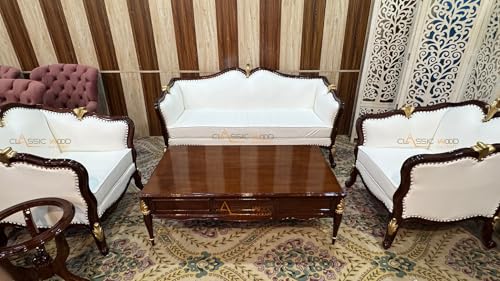Image of CLASSIC WOOD & CRAFT Luxury 5-Seater Wooden Sofa Set Center Table & Side Table | Hand-Carved Teak Wood Sofa White Upholstery & Golden Detailing | Royal Living Room Furniture for Home Villa & Hotel