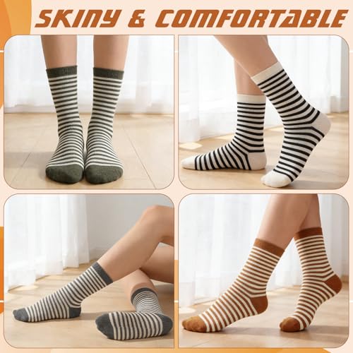 Image of Jspupifip 6 Pairs Womens Strip Crew Socks Cute College Style Ribbed Socks | Combed Cotton, Elastic Ribbed, Retro Stripe, for Work, Commuting, Shopping, Dating, Birthday, Sports, Home, Office