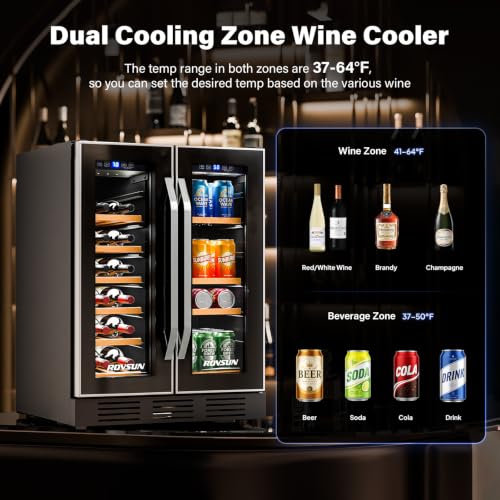 Image of ROVSUN 17 Bottles & 61 Cans Wine and Beverage Refrigerator, Dual Zone Wine Cooler with 37-64F Temp Control & LED Light, Built-in /Freestanding /Under Counter Wine Fridge for Red Wine, Champagne, Beer