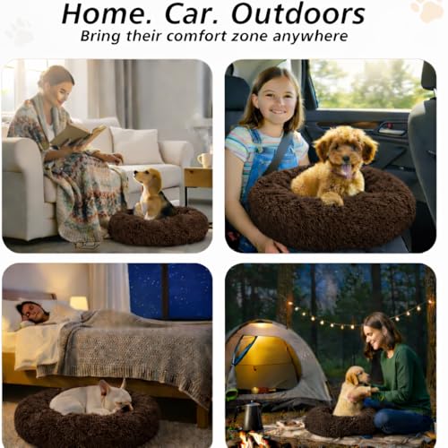 Image of ZEXSAZONE Summer Brown Plush Dog Bed - Anti-Anxiety Round Donut Pet Bed with Raised Edges | Soft Faux Fur Calming Bed for Puppies, Cats & Small Dogs | Machine Washable
