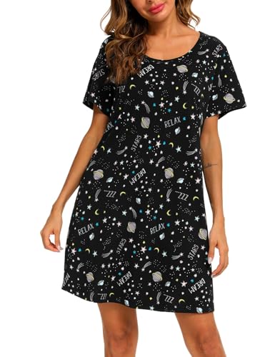 Image of ENJOYNIGHT Womens Cotton Nightgown Short Sleeve Sleepshirt Print Nightshirt | Short-Sleeve Crew Neck, Soft Cotton Fabric, Cartoon Printed Sleep Shirt, Loose Fit
