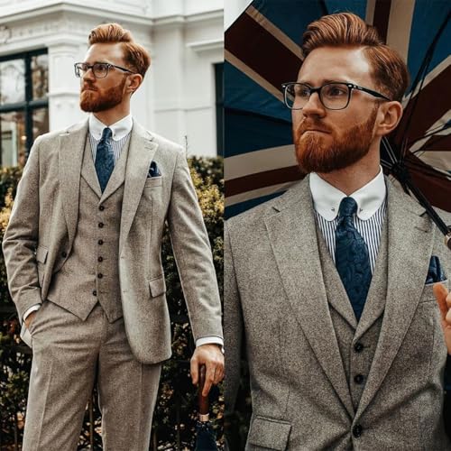 VENNYNG Men Tweed Suit Vintage 3 Pieces Business Blazer Pants Single Breasted Wedding Groom Work Causal Tailored4
