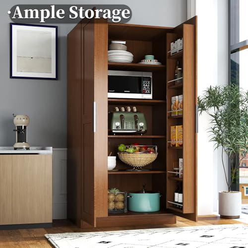 Image of 22 in Deep Kitchen Pantry Storage Cabinet with Doors and Shelves Wood Grain | Tall, Large Cupboard for Food