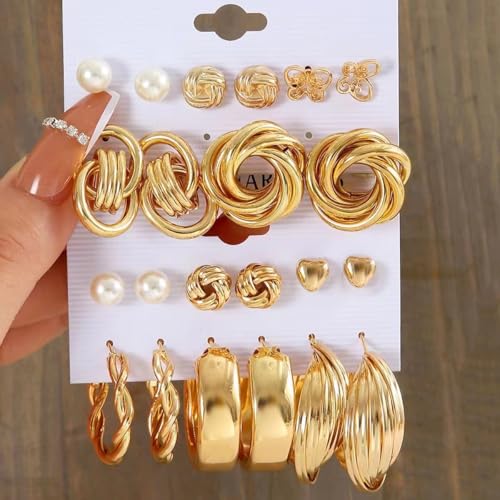 11pairs/Set Gold Earrings Set for Women, Fashion Pearl & Heart Decor Earrings, Multipack Hoop Earring Packs, Everyday Earrings for Women Birthday Party3