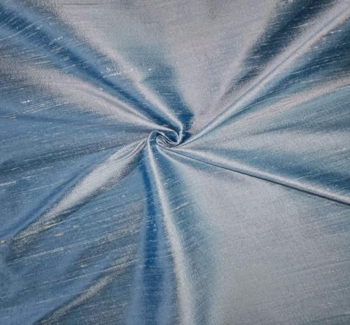 Tissu soie Dupioni bleu et ivoire d'exception pour haute couture et décoration