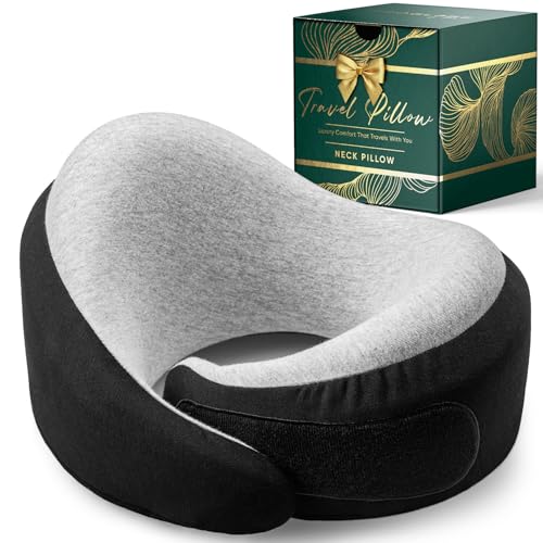 Proglobe Charcoal Black Memory Foam Travel Neck Pillow for Airplanes, Compact Plane Cushion for Long Flights with Soft Chin Support and Compression Bag, Comfortable Lightweight Air Travel Accessory