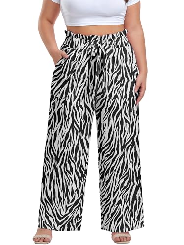 Image of OLRIK Women's Plus Size Pants Adjustable High Waisted Wide Leg Palazzo Pants Casual Trousers with Pockets Spring Clothes