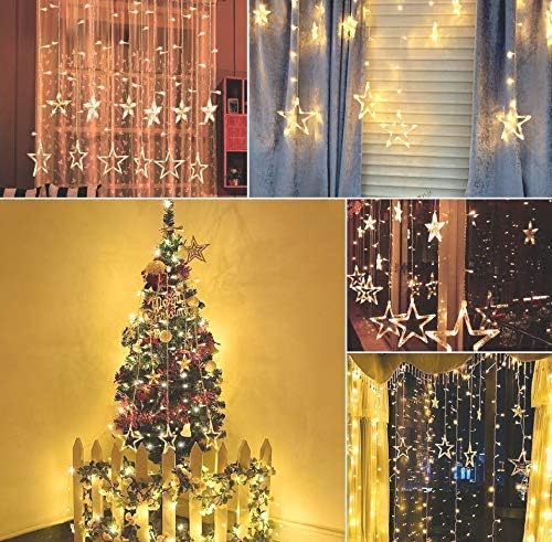 Image of Lexton Decorative Star Curtain LED Light | 5 Big Star & 5 Small Star, 3 Meter with 8 Flashing Modes,Plug Sourced | for Indoor & Outdoor Decorations, Christmas, Diwali (Pack of 1, Warm White)