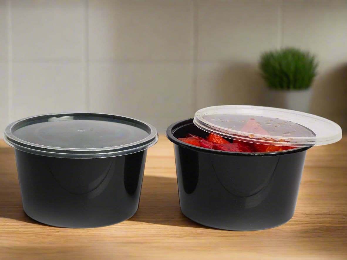HOT BARGAINS 50 X 400ml Heavy Duty Round Food Containers with Lids – Black, BPA Free, Microwave & Freezer Safe, Leak-Proof Takeaway Storage (50, 400ml)