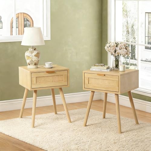 ROCSUMOO Nachttisch 2er Set Rattan Modern Beistelltisch mit...