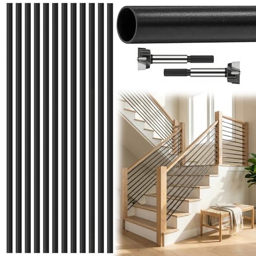 12 Pack 56.4nch Aluminum Stair Railing Kits, 4.7 FT x 5/8 inch Stair Balusters Round Horizontal Baluster Indoor Railings and Banisters, Matte Black Stair Baluster for Indoor Outdoor Deck Railing