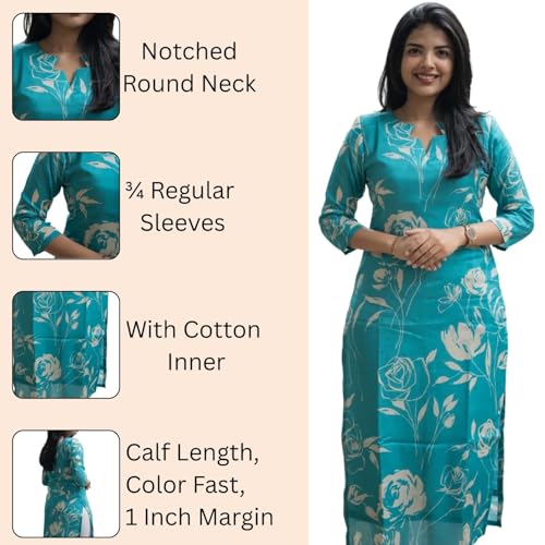 Image of Sun Fashion And Lifestyle Rayon Printed Straight Calf Length Kurta for Women | Kurti (KT68 Firozi)