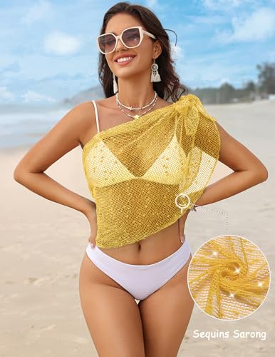Image of Ekouaer Sarong Wraps for Women Beach Cover Up Short Crochet Coverup Skirts | Sequin Sparkly Sarong Wrap Skirt, Beach Coverup Sarong, Various Ways to Wear, For Swimming, Beach, Vacation, Sea, and Pool