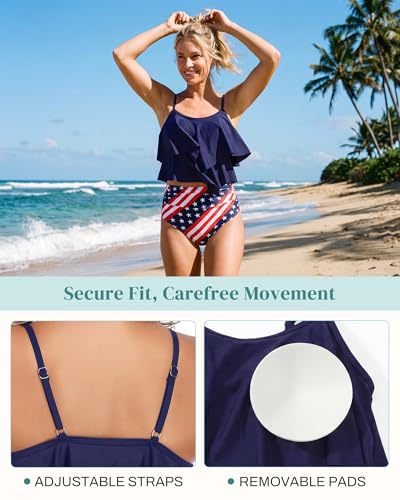 Image of Bathing Suits for Women High Waisted Swimsuits Tummy Control Two Piece Tankini Ruffled Top with Swim Bottom Bathing Suits
