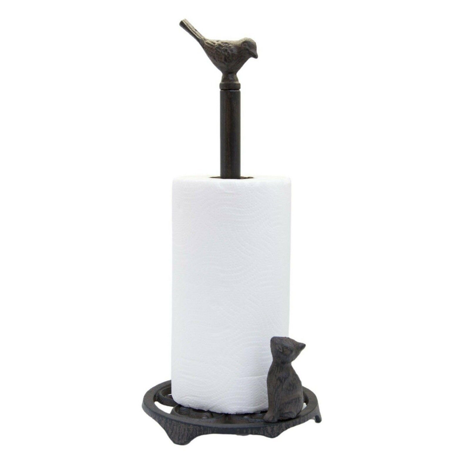 Fyne-Finds Black Cast Iron Cat Bird Tissue Roll Holder Dispenser Paper Towel Stand Antique Heavy