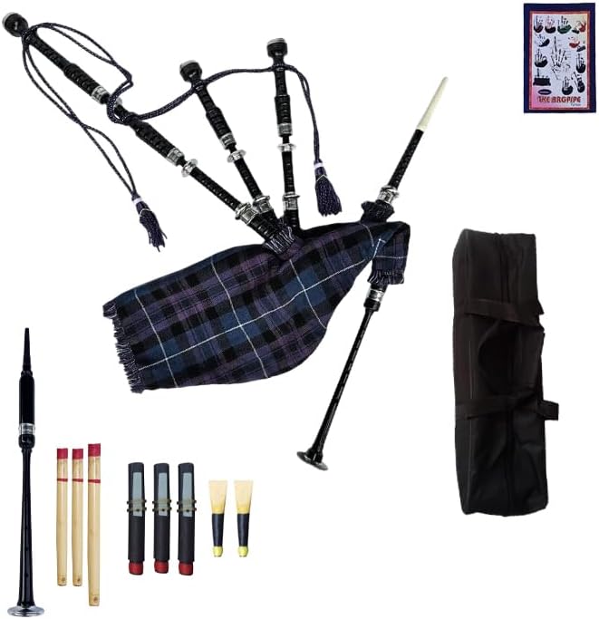 Pride of Scotland Tartan Highland Bagpipes with Silver Mounts, Complete Drone Collection, Practice Reeds, Tutor Book, Blowpipe, Carry Bag – Traditional Scottish Music Instrument