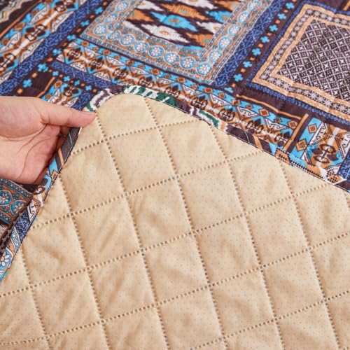 Image of HOMETHREADS Premium Style Anti Slip Sofa Cover Set | Cotton Sofa Slipcover | 1Pc Front Cover with Attached Armrest + 1Pc Back Cover (Sqaure Blue, 4 Seater | 200x185cm)